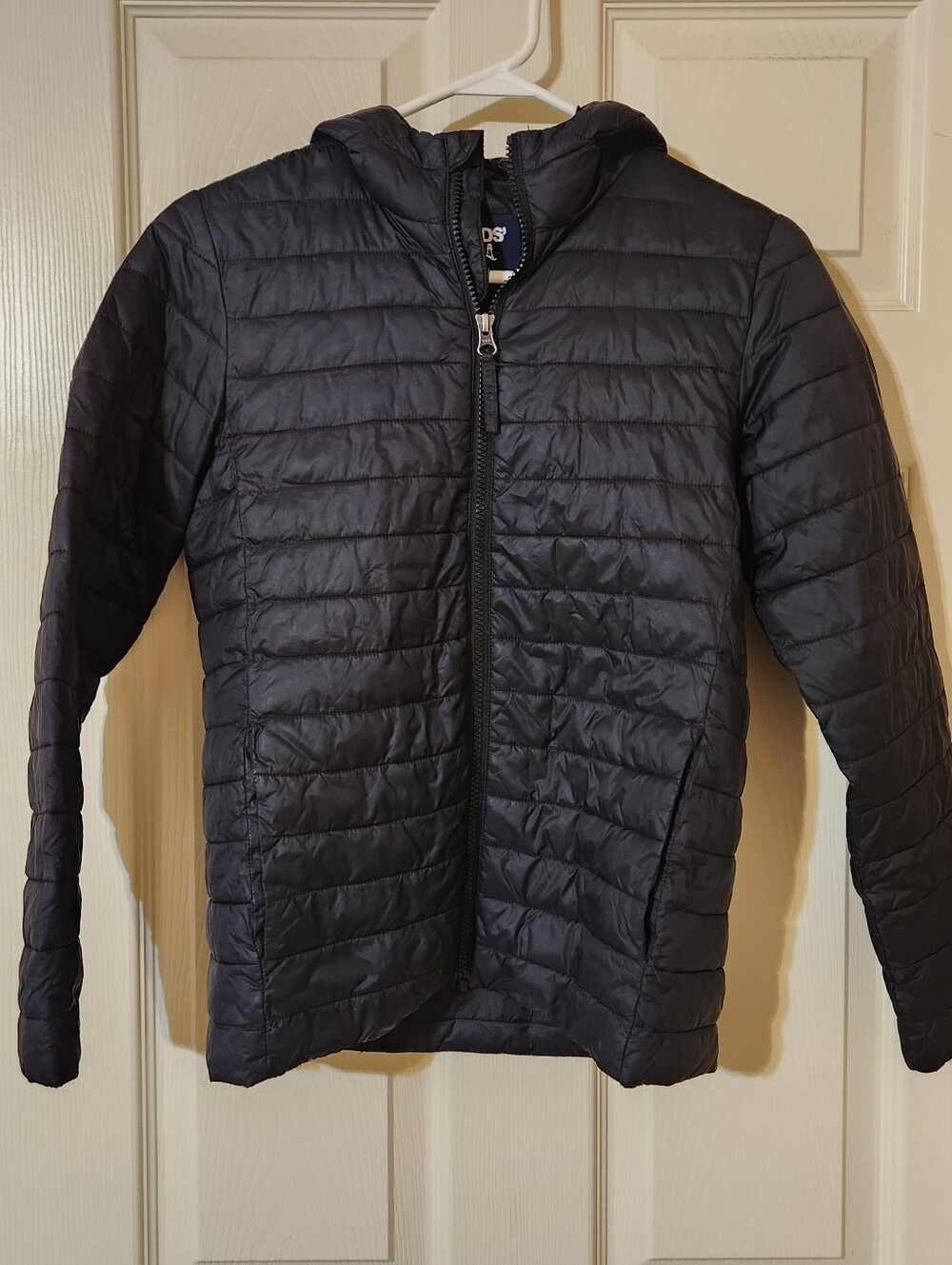 Lands' End Kids Packable Black Hooded Quilted Puffer Jacket Full Zip Size 10-12